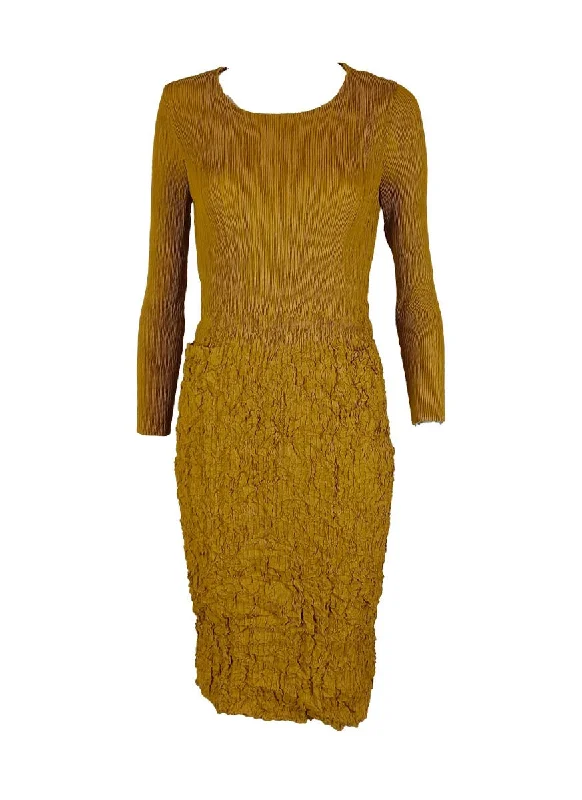 Fancy Lace Long Sleeves Dress9240011 Two Pockets Long Sleeve Pleats Dress *Yellow