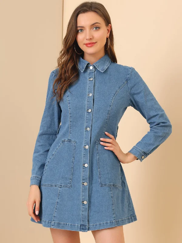 Funky Long Sleeves Cami DressTurn-Down Collar Belted Puff Long Sleeve Denim Shirt Dress