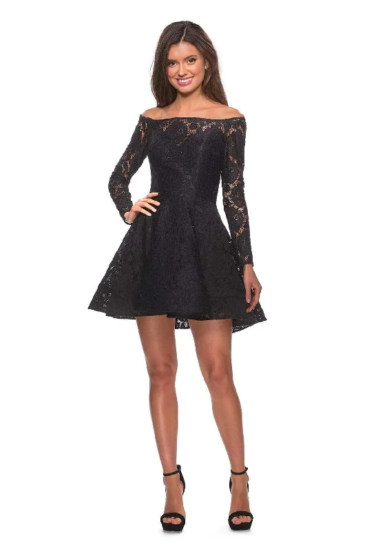 Flowery Long Sleeves Smock DressLa Femme - Long Sleeve Off-Shoulder Lace Dress 28175SC - 1 pc Black In Size 00 Available