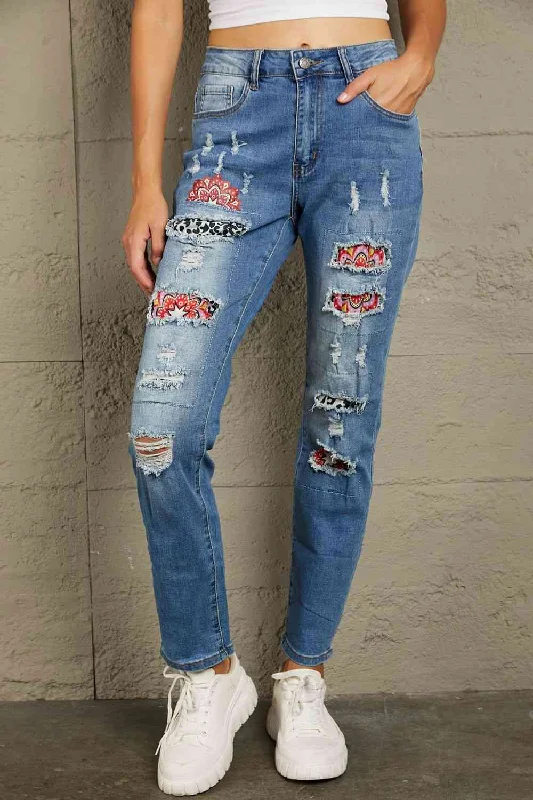 women's denim jeans with contrasting stitchingBaeful Leopard Patch Ankle-Length Jeans