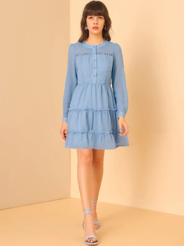 Feminine Long Sleeves DressLong Sleeve Swiss Dot Elastic Waist A-Line Tiered Flowy Chiffon Dress