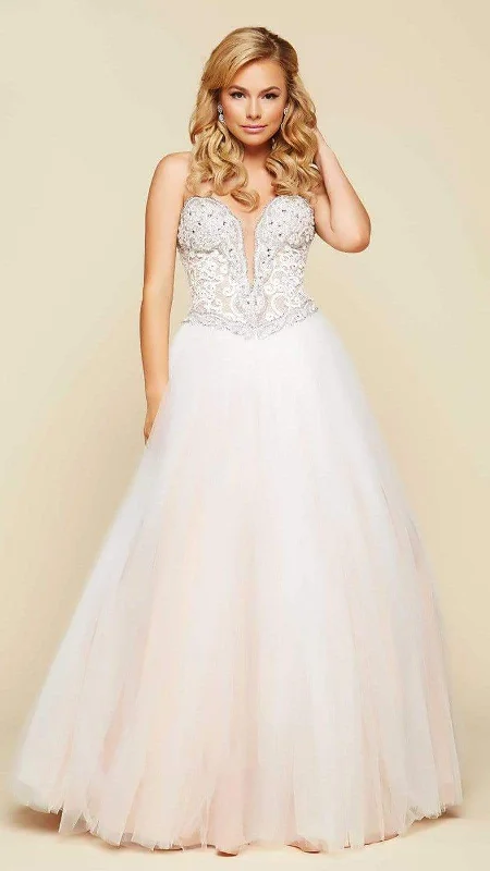 Formal Dress for Modeling AuditionsMac Duggal Embellished Strapless Long Gown in Ivory/Nude 65357