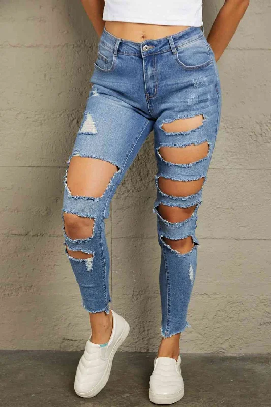 women's denim jeans for a timeless classic lookBaeful Distressed Raw Hem Skinny Jeans