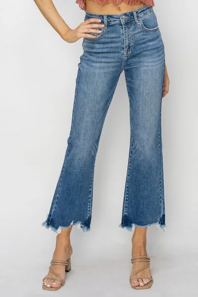 women's denim jeans with distressed back pocketsRISEN High Waist Raw Hem Flare Jeans