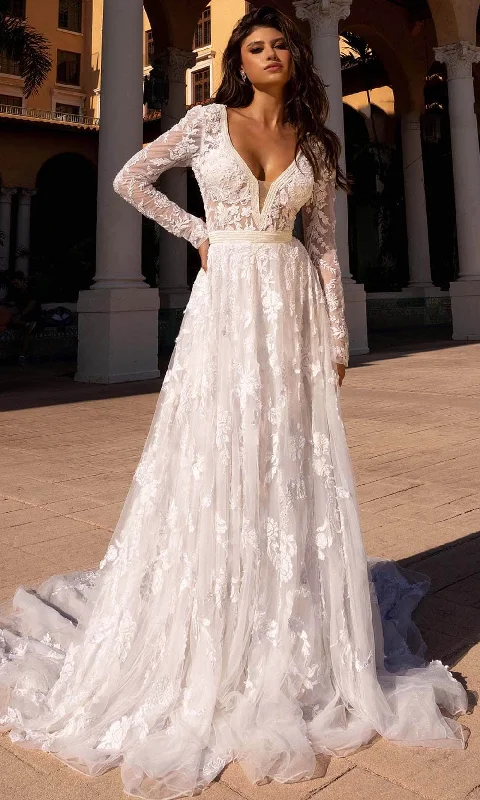 Formal Party Long Sleeves DressPrimavera Bridal 11111 - Long Sleeve Embroidered Bridal Dress