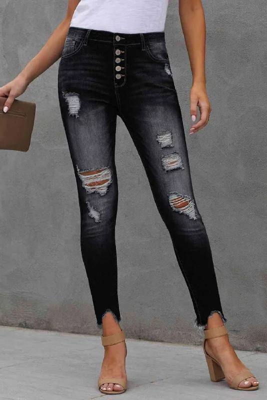 women's straight-leg denim jeansBaeful Button Fly Hem Detail Ankle-Length Skinny Jeans