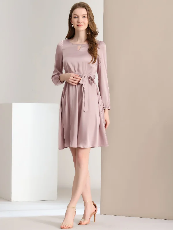 Flowing Maxi Long Sleeves DressCasual Business Round Neck Keyhole Belted Long Sleeve Satin Dress