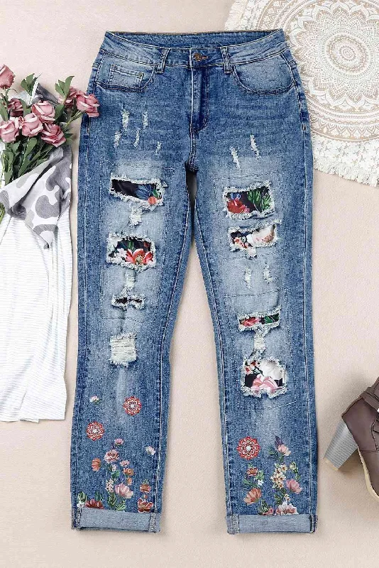 women's denim jeans for tall womenFloral Graphic Patchwork Distressed Jeans