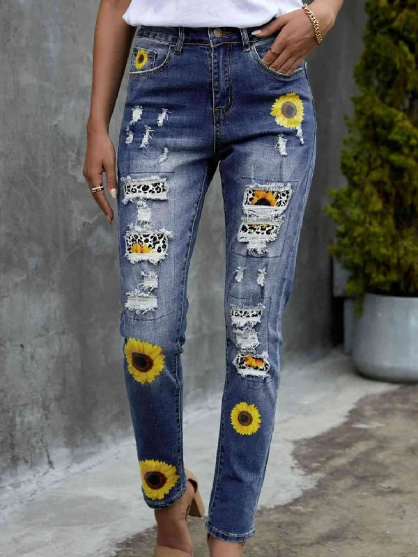 women's stone-washed denim jeansLeopard Patchwork Sunflower Print Distressed High Waist Jeans