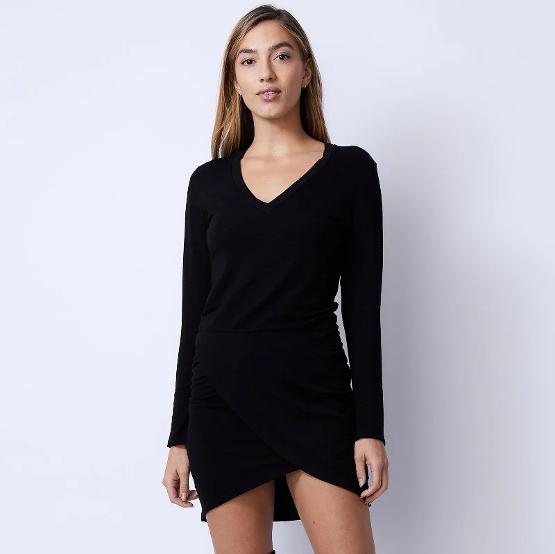 Flowery Long Sleeves DressSupersoft Long Sleeve Overlap Shirred Dress - Black