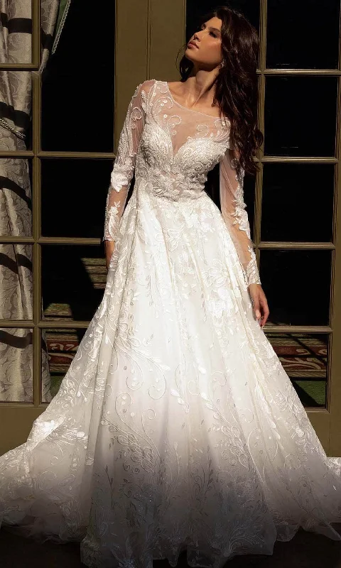 Funky Pattern Long Sleeves DressPrimavera Bridal 11136 - Embroidered Long Sleeve Bridal Dress