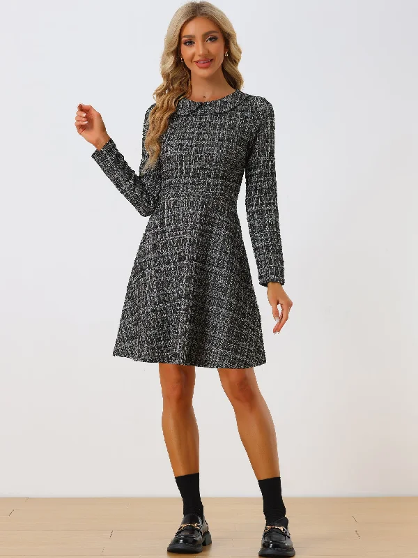 Formal Party Long Sleeves DressRetro Tweed Plaid Grid Peter Pan Collar Long Sleeve A-line Dress