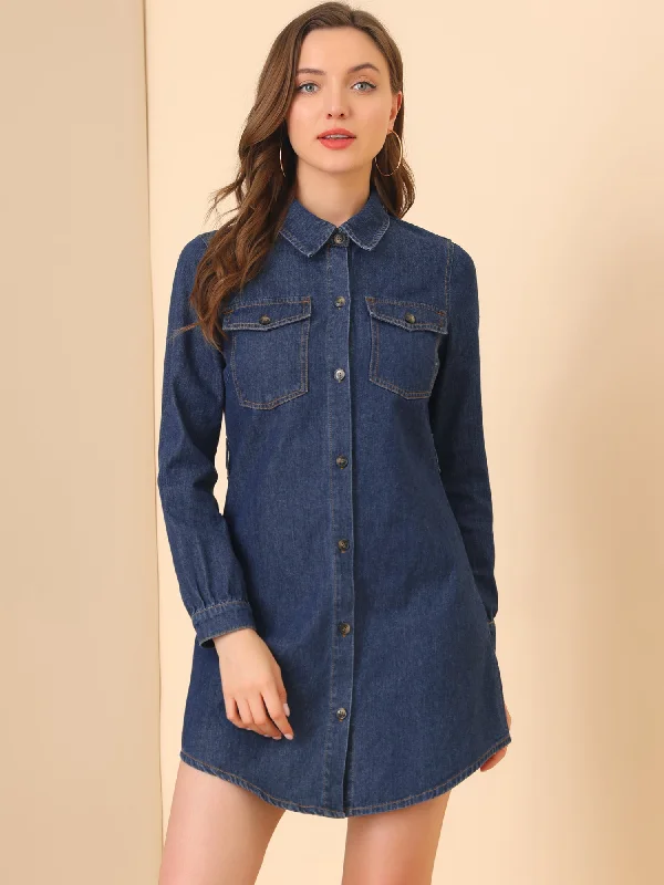 Flirty Long Sleeves DressBelted Long Sleeve Button Front Denim Shirt Dress