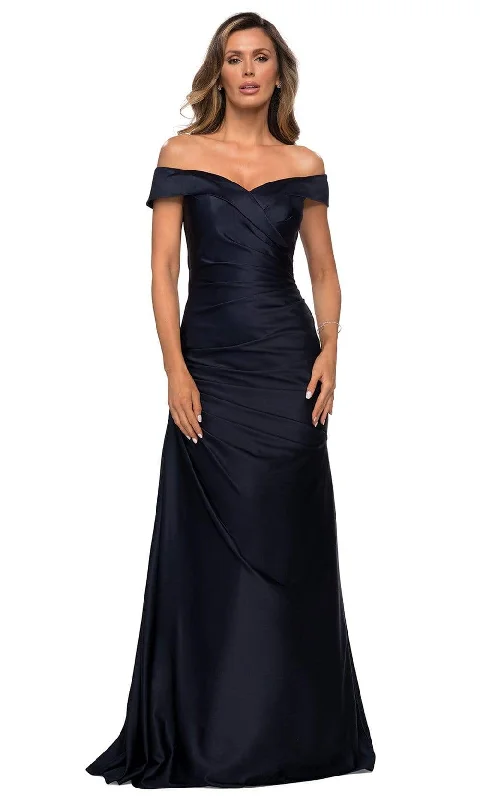 Formal Dress for Winter WeddingsLa Femme - Off Shoulder Draped Satin Gown 28103SC