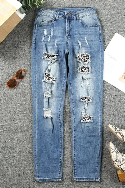 women's denim jeans with sequinsLeopard Distressed Pocketed Straight Jeans