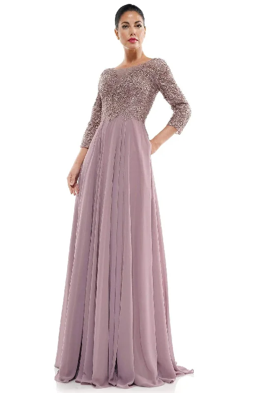 Formal Dress for WeddingsMarsoni by Colors - Quarter Sleeve Embroidered Lace Bodice A-Line Chiffon Gown MV1052