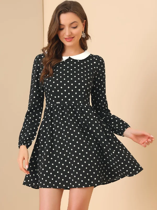 Formal Long Sleeves Lace-Up DressRetro Polka Dot Long Sleeve A-Line Contrast Peter Pan Collar Dress