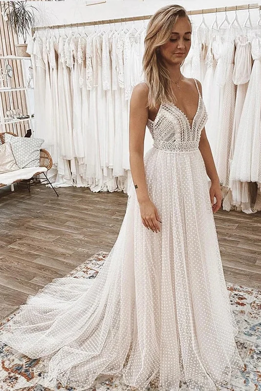 lace wedding dressesPrincess Bohemian Rustic Bridal Gown Sleeveless Spaghetti Strap Beach Wedding Dress For Women OKZ30