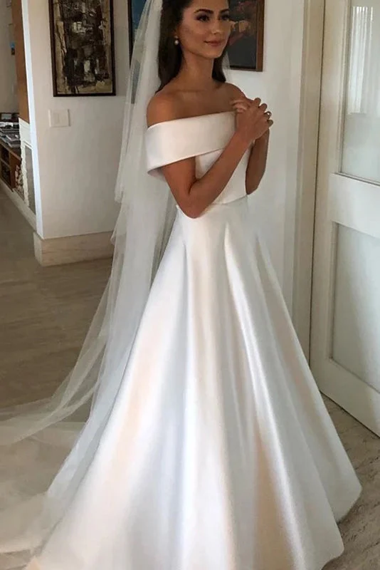 rustic glam wedding dressesSimple A-line Ivory Wedding Dress Satin Off The Shoulder Bridal Gowns OKX3