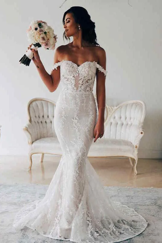 bohemian wedding dressesSexy Mermaid Backless Off the Shoulder Lace Long Wedding Dress Bridal Dresses OKZ34