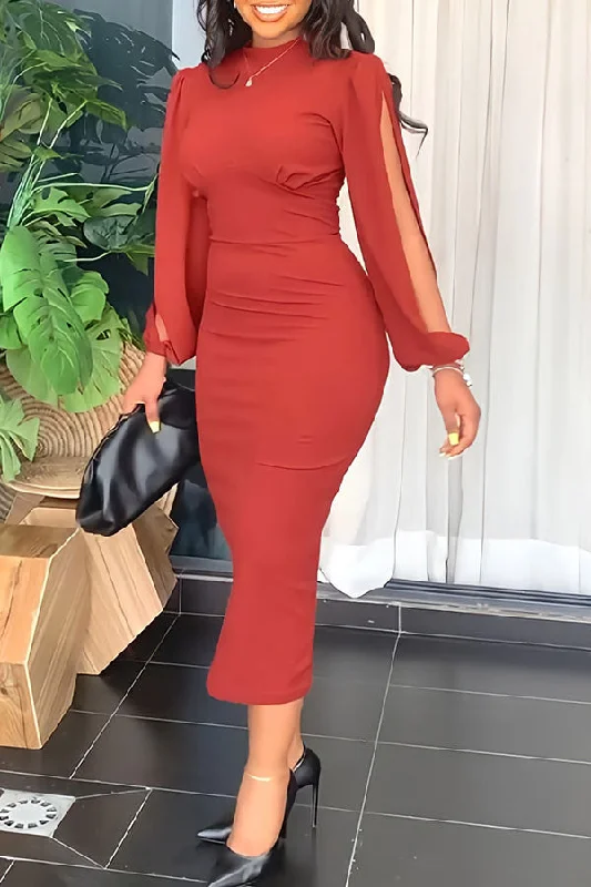 two-piece midi dressesSolid Color Simple Split Sleeve Midi Dress