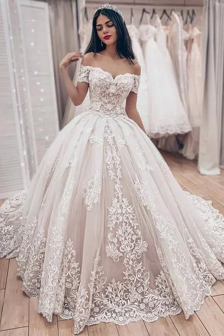 appliqued wedding dressesOff The Shoulder Lace Appliques Wedding Dress Princess Tulle Bridal Gown OKY66