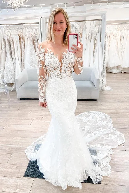 wedding dress with illusion backBeautiful Long Sleeves Mermaid Lace Long Wedding Dress Elegant Bridal Dress OK1058