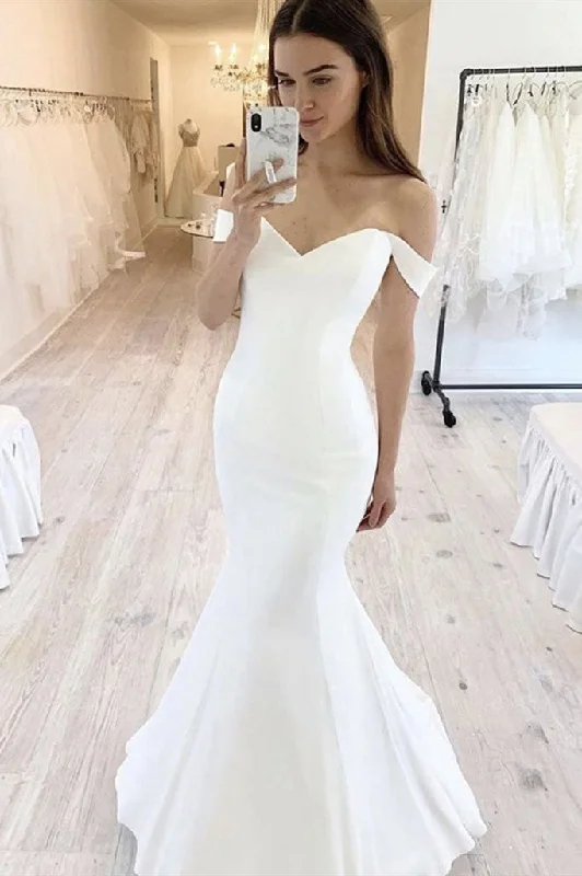 luxury wedding dressesOff the Shoulder Ivory Mermaid Simple Wedding Dress Long Bridal Dress OKX56