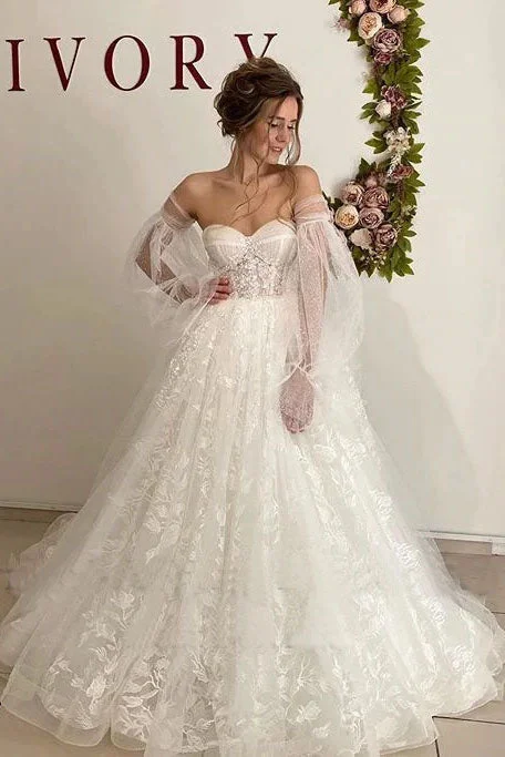 spaghetti strap wedding dressesLace Floral Puff Sleeve Wedding Dresses Sweetheart Long Train Bride Gowns Corset Back OKV20