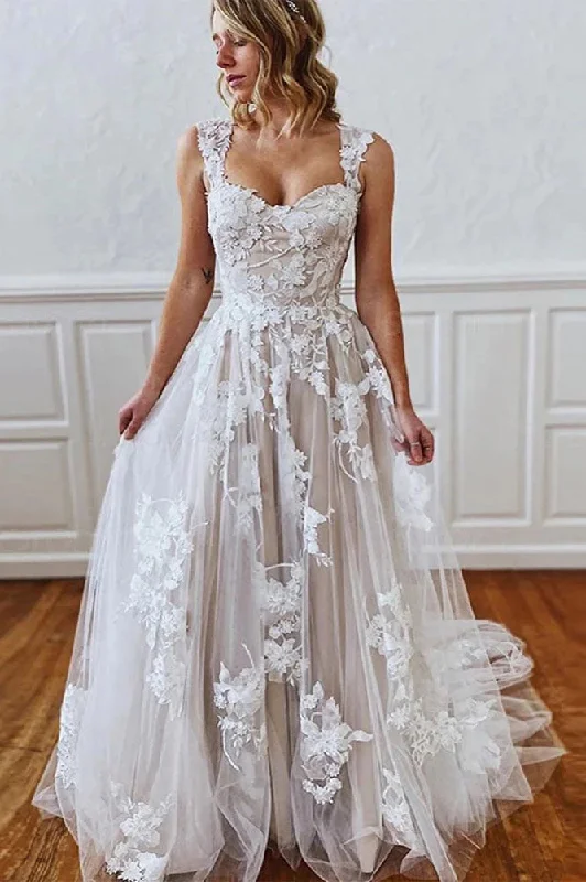 elegant bohemian wedding dressesGorgeous A-line Wedding Dress with Straps Sweetheart Lace Appliques Bridal Dress OKW92