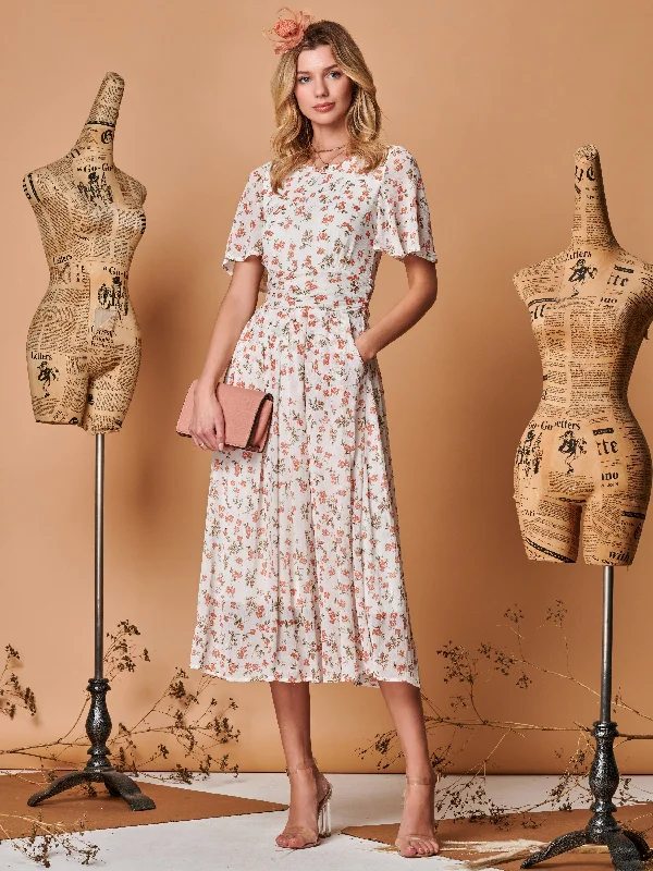 midi dresses with zippersAngel Sleeve Metallic Chiffon Midi Dress, Cream Floral