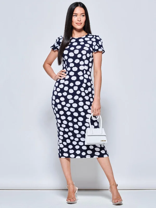 midi dresses for special occasionsShort Sleeve Jersey Bodycon Midi Dress, Navy Polka Dot