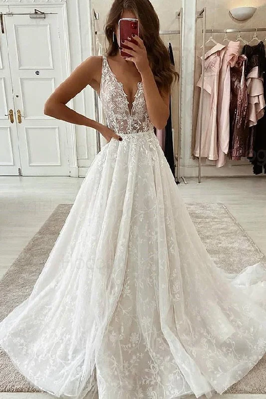 halter neck wedding dressesA-line V-Neck Ivory Pleated Lace Cheap Wedding Dress Bridal Gown OKU89