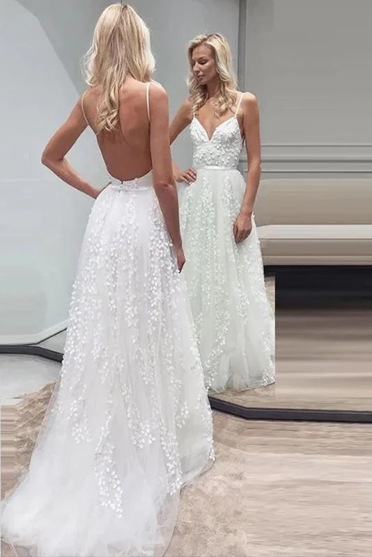 cap sleeve wedding dressesA Line Lace Spaghetti Straps Backless Long Backless Beautiful Wedding Dress OK1056