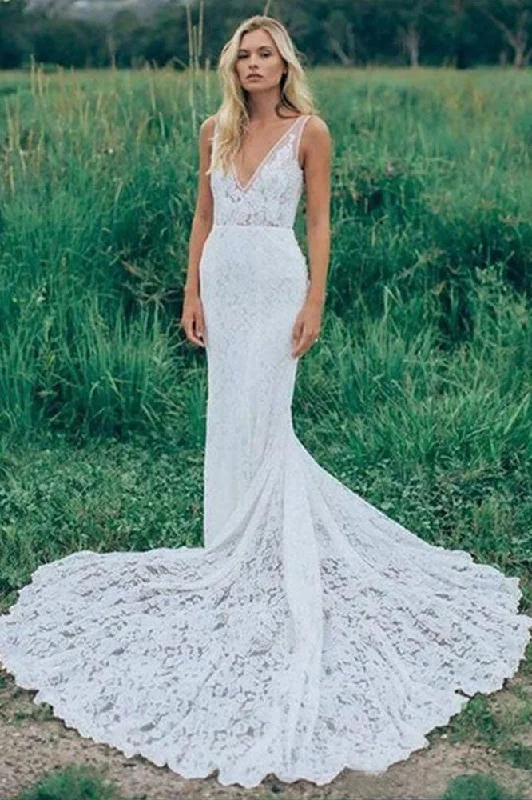 halter neck wedding dressesMermaid V Neck Backless White Lace Long Wedding Dress Beach Boho Bridal Dress OKF76