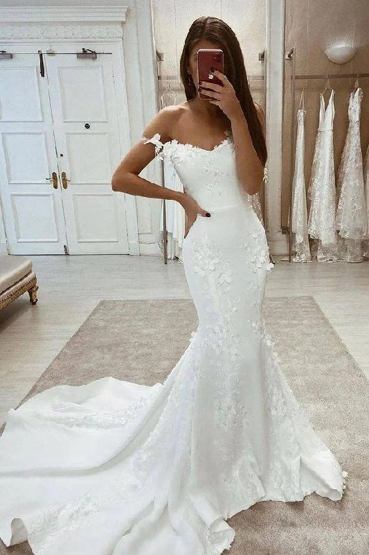 mermaid wedding dressesNew Arrival Off The Shoulder Mermaid Elegant Long Lace Appliques Wedding Dress OKY2