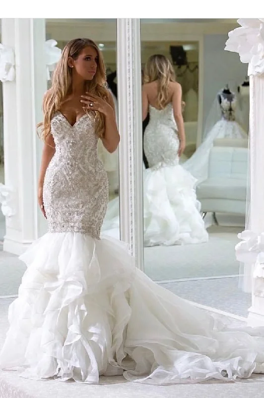 wedding dress with pocketsBackless Ruffled Train Mermaid Sweetheart Wedding Gown with Beaded Bodice OK1428