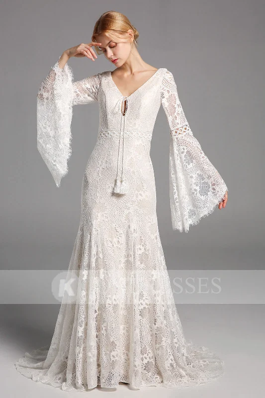 sleeveless wedding dressesA-line Lace Long Sleeves Wedding Dresses V Neck Bridal Gowns W0028OK