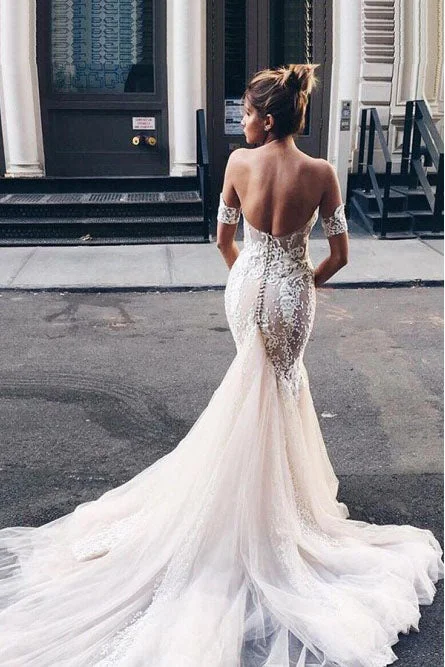 off-the-shoulder wedding dressesMermaid Sweetheart Backless Court Train Wedding Dress with Lace Appliqued OKR19