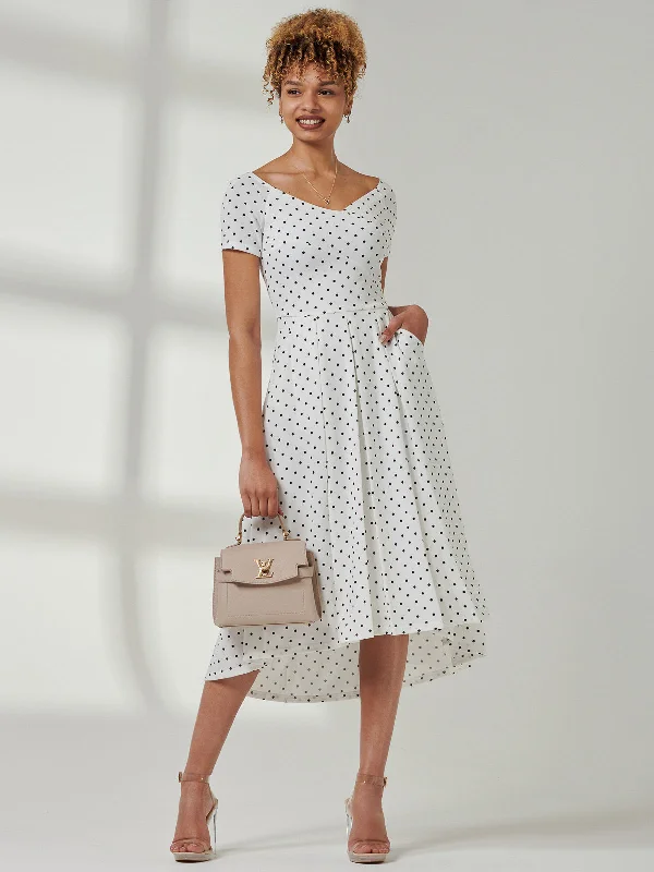 midi pencil dressesFit & Flare Pleated Ponte Midi Dress, White Polka Dot