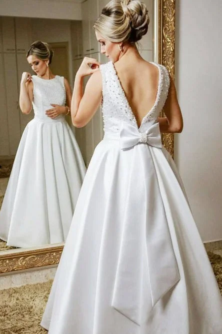 sweetheart neckline wedding dressesA-Line Jewel V Back Floor-Length Satin Wedding Dress with Beads Bowknot OKR80