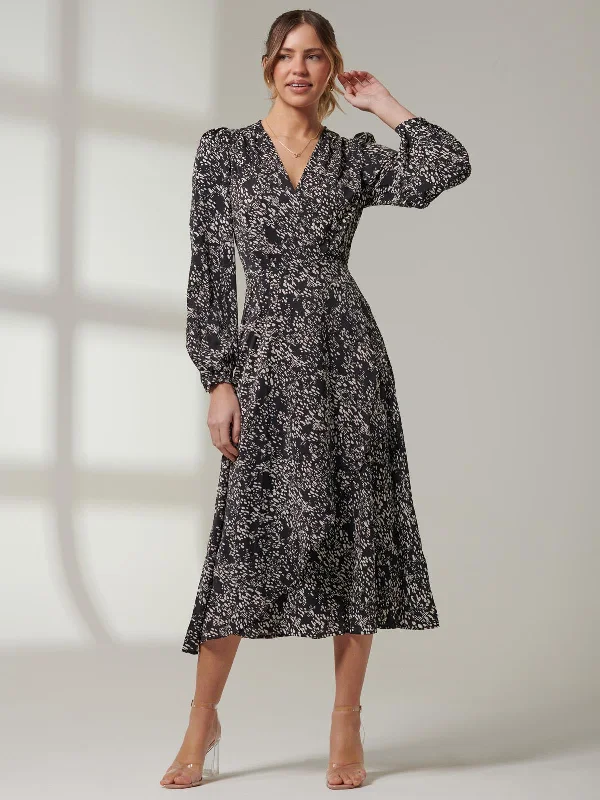 maxi-length midi dressesCrepe Wrap Long Sleeve Midi Dress, Black Spot