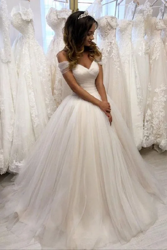 glamorous wedding dressesOff The Shoulder Tulle Off White Wedding Dress Ball Gown Bridal Dress OKZ33