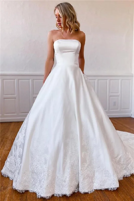 embroidered wedding dressesElegant Lace Appliques Long Strapless Satin Off White Wedding Dress with Pockets OKY65