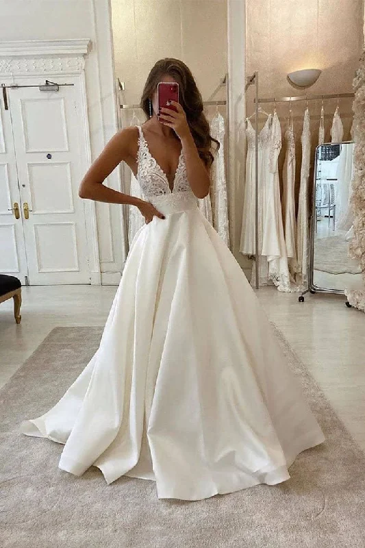 cap sleeve wedding dressesWhite Deep V Neck Satin Lace Top Long Prom Dress Wedding Dress OKU41