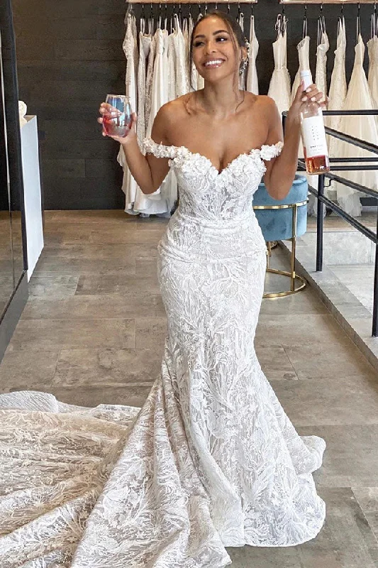 empire waist wedding dressesMermaid Wedding Dresses Off Shoulder Sweetheart Lace Appliques Court Train Bride Gown OKV26