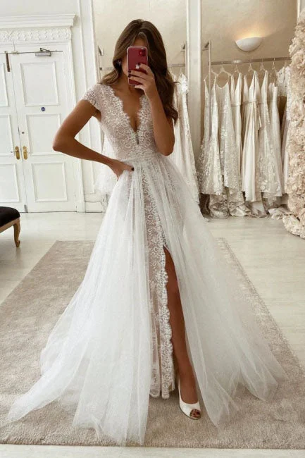 tulle wedding dressesGorgeous Deep V Neck Cap Sleeves Lace Tulle Wedding Dress OK1086