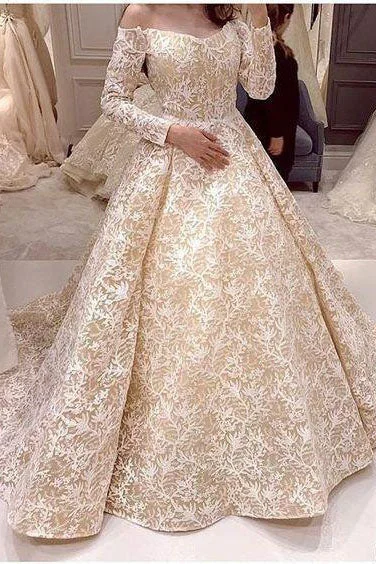 wedding dress with detachable sleevesOff the Shoulder Long Sleeves Lace Ball Gown Wedding Dress OK1050