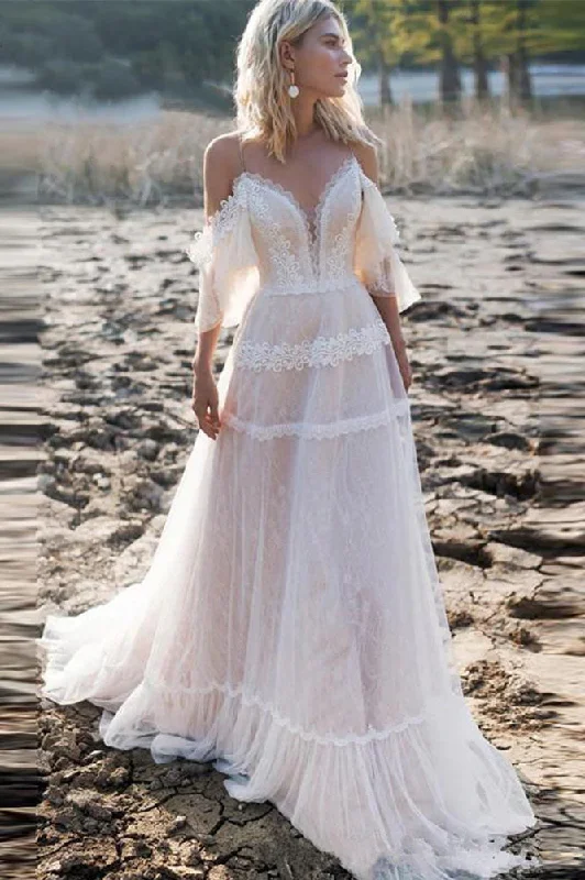 wedding dress alterationsOff Shoulder A-line Lace Appliqued Boho Wedding Gown Beach Bridal Gowns OKV66