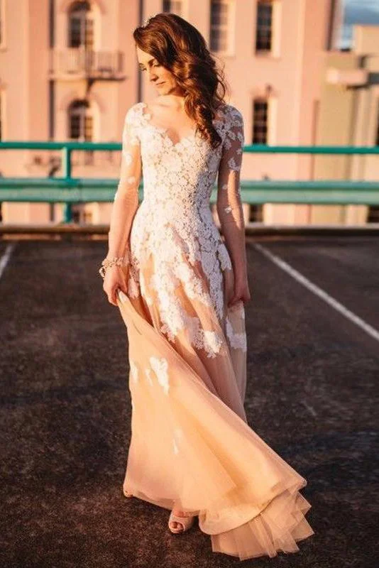 luxury wedding dressesLace A-line Long Sleeves Tulle Simple Long Wedding Dress Prom Dress OK889